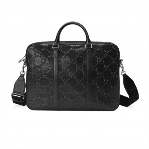 GUCCI GG EMBOSSED BRIEFCASE BLACK LEATHER COTTON LINEN LINING