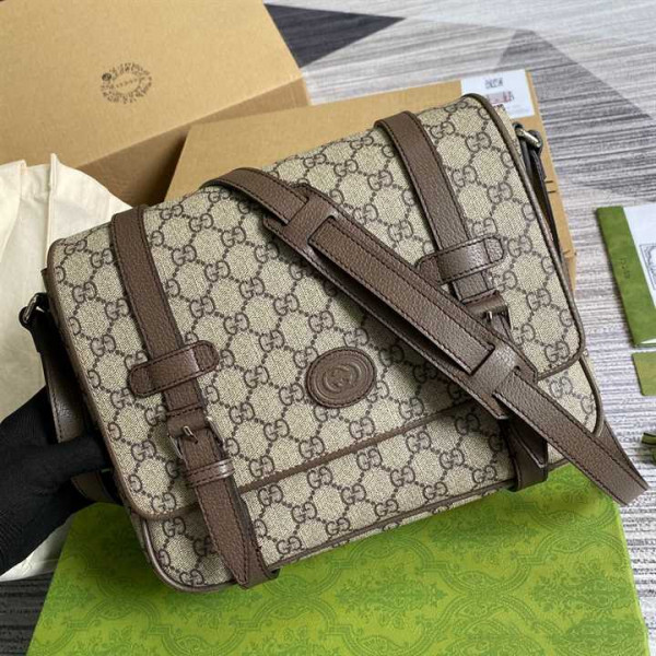 GUCCI MESSENGER BAG BEIGE/EBONY GG SUPREME CANVAS BROWN LEATHER TRIM