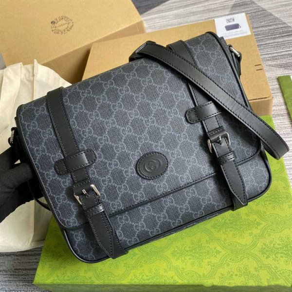 GUCCI MESSENGER BAG BLACK GG SUPREME CANVAS BLACK LEATHER TRIM